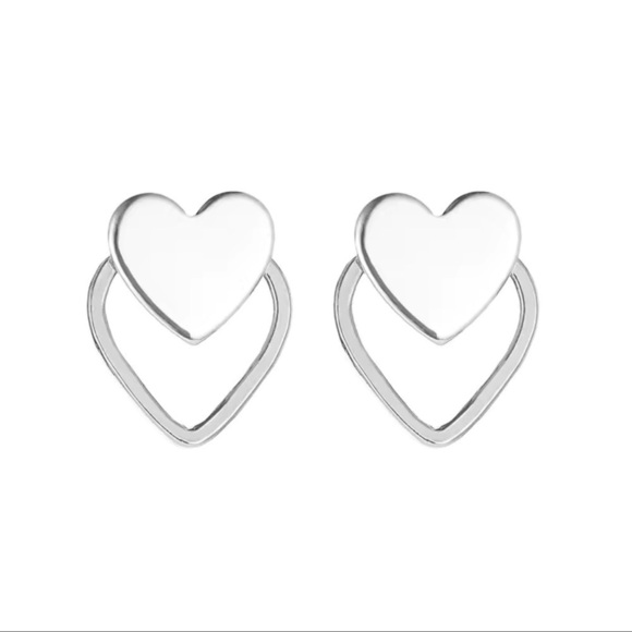 💎NEW Two For One-Double Heart Silver Post Stud Earrings - Picture 1 of 7
